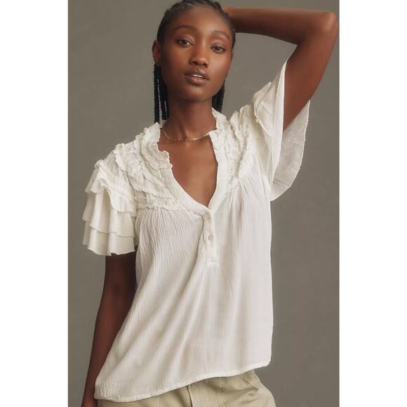 Anthropologie Maeve Short Sleeve Ruffle Yoke Blouse in White - Picture 1 of 11